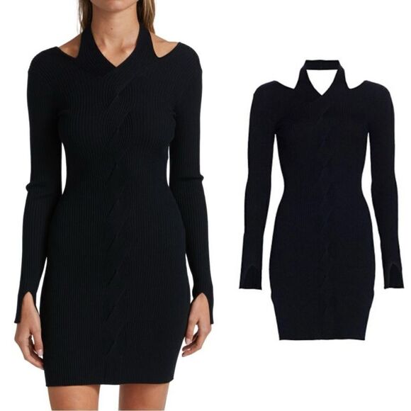 NWT Simkhai Alejandra Knit Mini Black Sweater Dress Twisted Cable Fitted Size XS - Picture 1 of 14